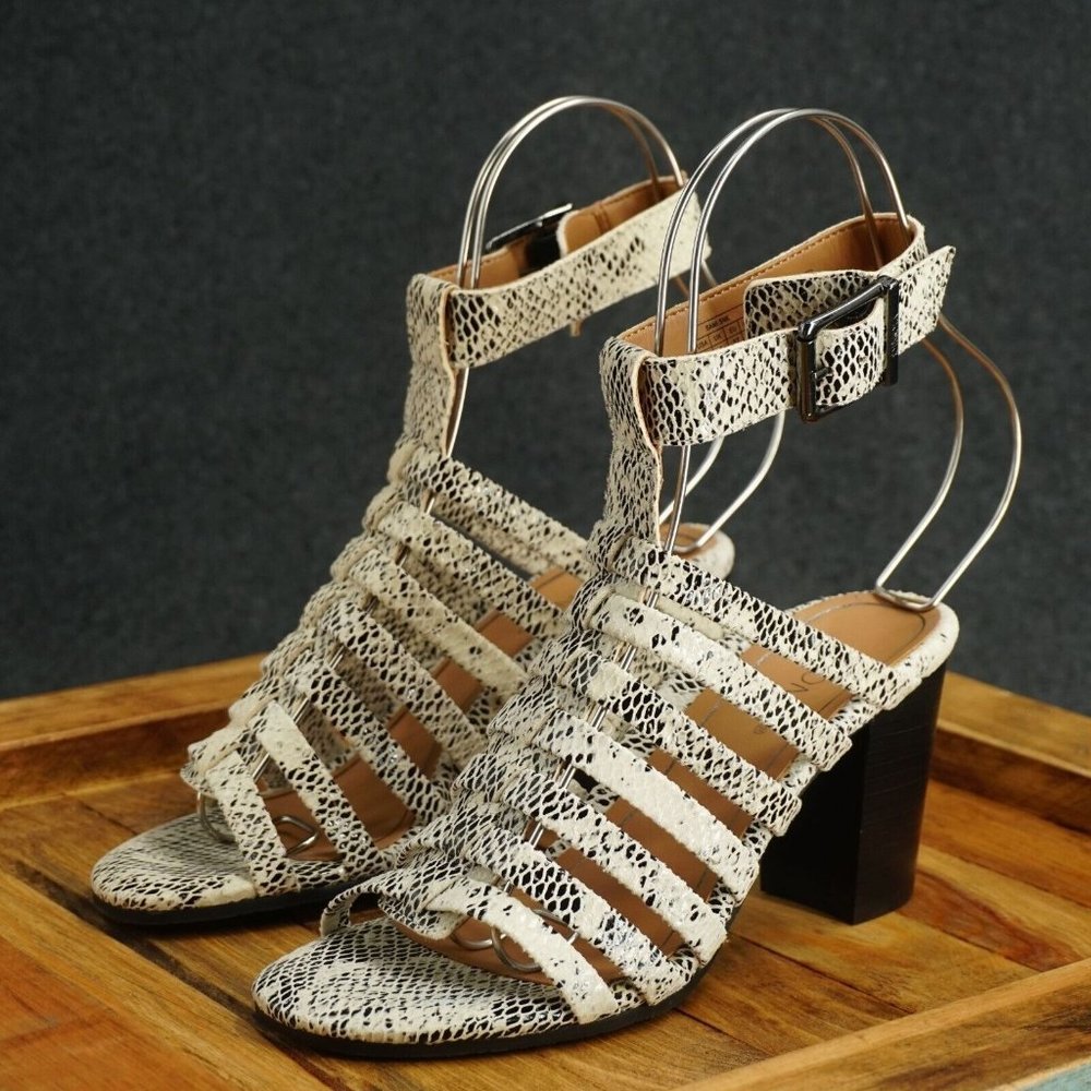 Vionic Snake-Print Strappy Block Heel Sandals in White and Black